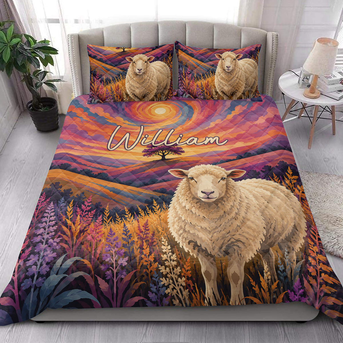 Sheep quilt bedding styled in a bright bedroom with colorful wildflowers, hills, and a large sheep design