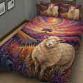 Close bedroom view of a sheep quilt blanket with vivid sunset colors, flowers, and matching sheep pillows