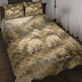 Sheep quilt blanket spread across a bed with matching pastoral sheep pillows in warm countryside tones