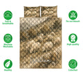 Pastoral sheep quilt bedding set displayed on a bed with soft breathable and care feature icons