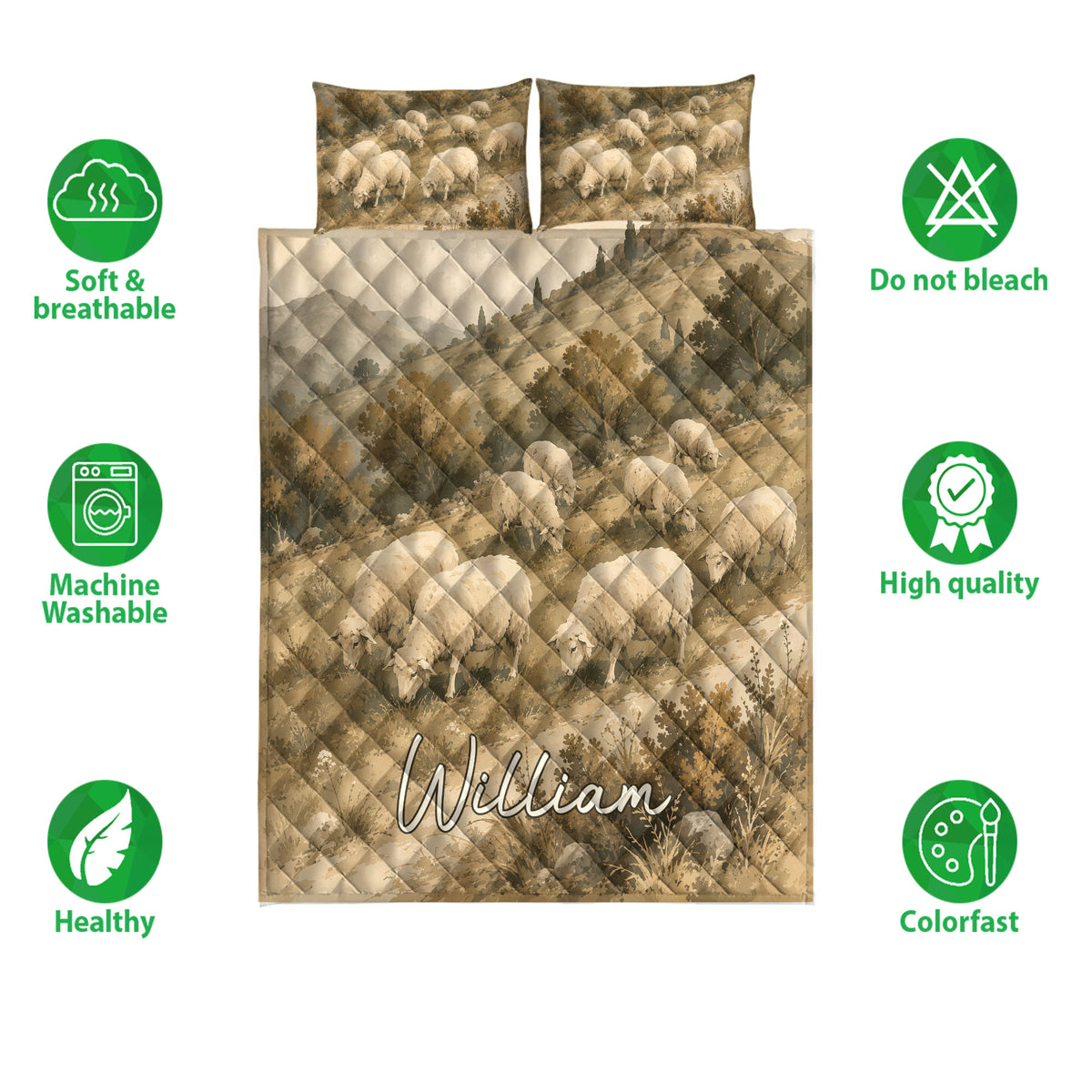Pastoral sheep quilt bedding set displayed on a bed with soft breathable and care feature icons