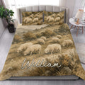 Sheep quilt bedding styled in a bright bedroom with rolling hills, grazing flock, and woodland artwork