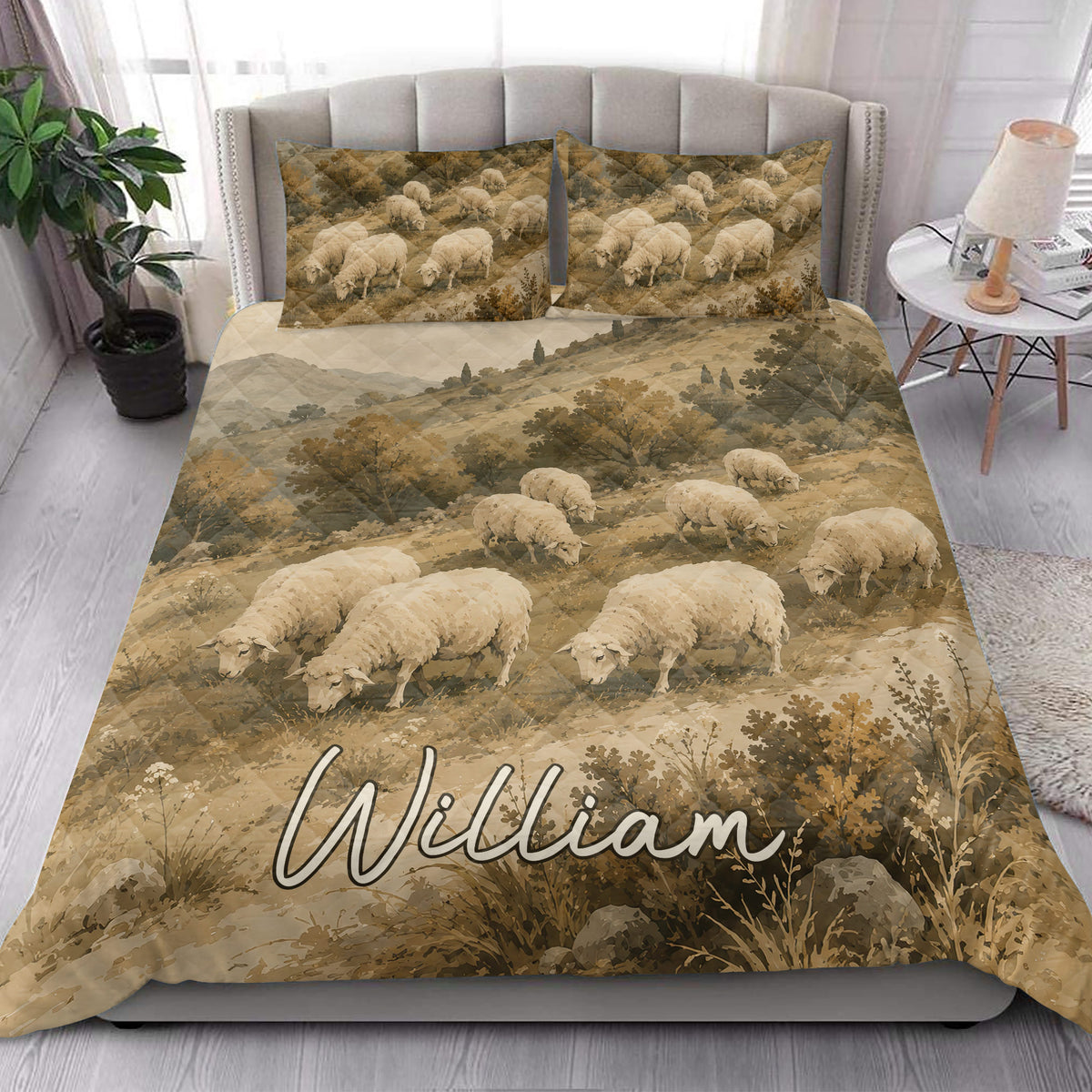 Sheep quilt bedding styled in a bright bedroom with rolling hills, grazing flock, and woodland artwork