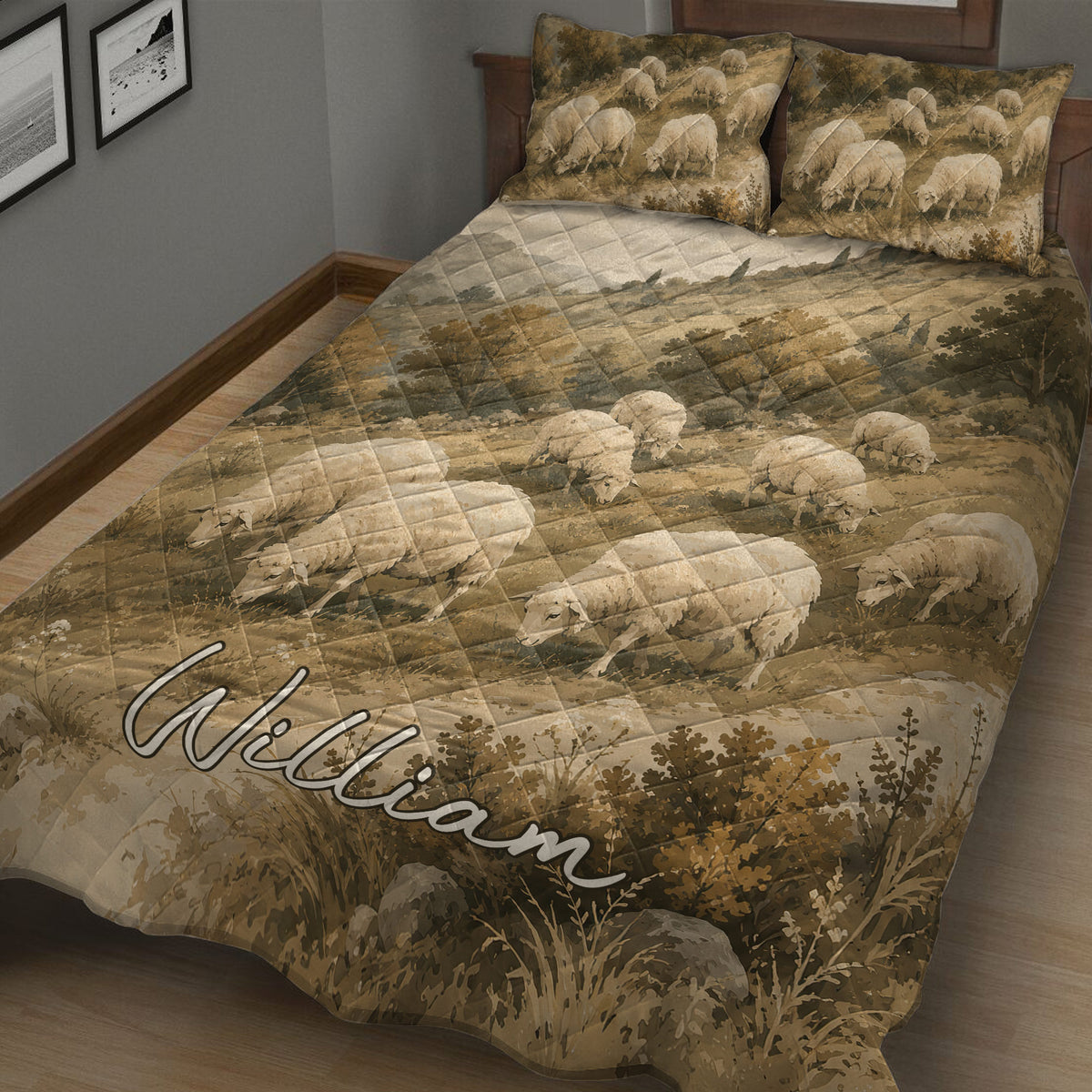 Close bedroom view of a sheep quilt blanket featuring a flock grazing through a rustic countryside landscape