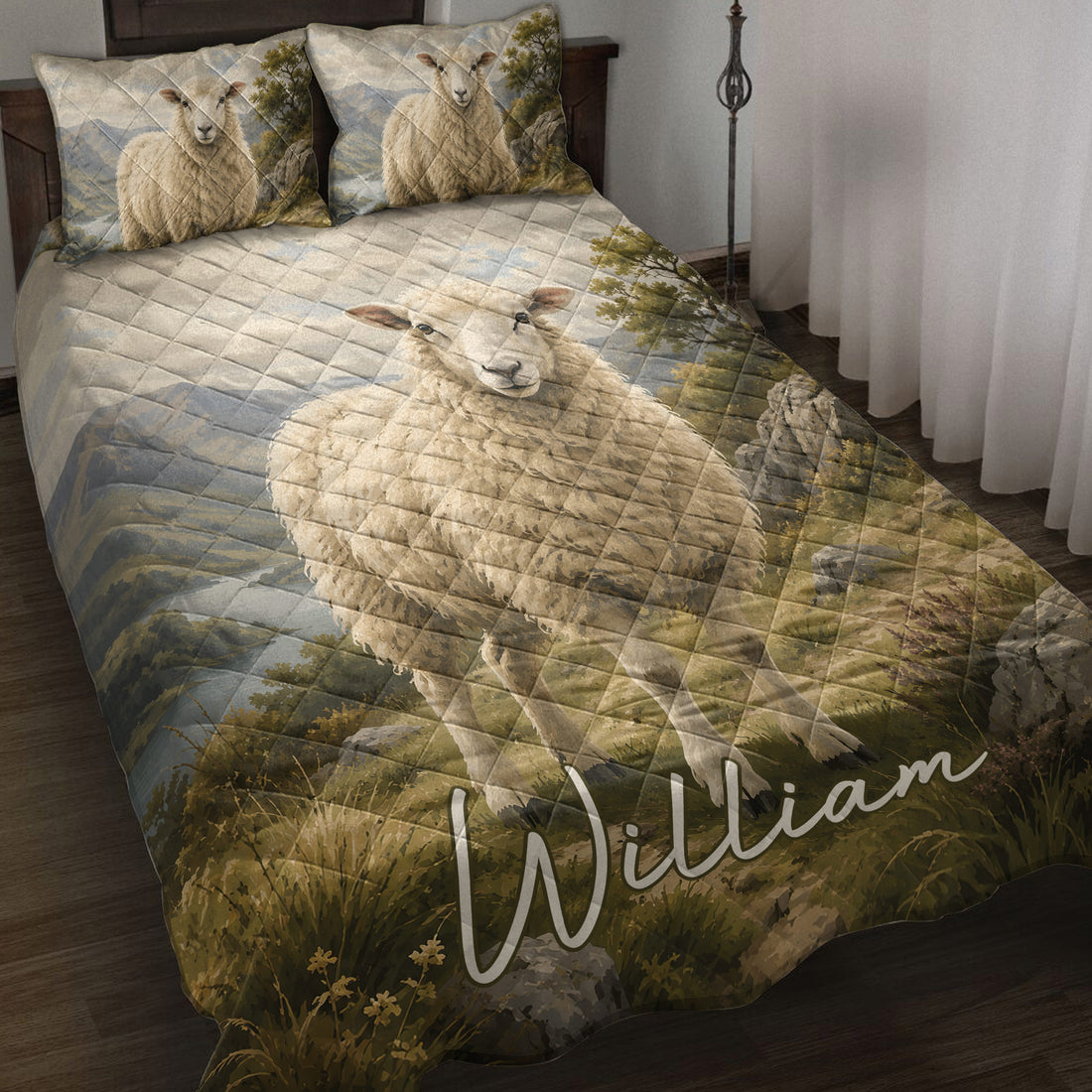 Sheep quilt bedding set displayed on a bed with mountain scenery, trees, and a large pastoral sheep design