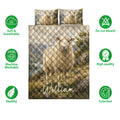 Sheep quilt bed set shown with mountain landscape artwork and feature icons highlighting the printed bedding design