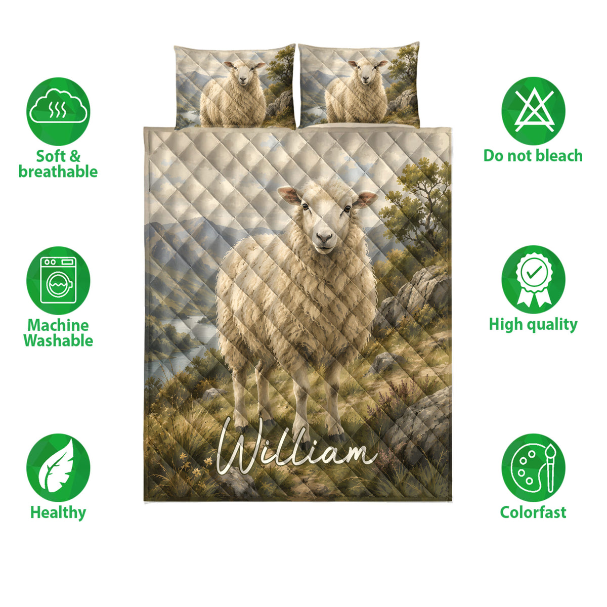 Sheep quilt bed set shown with mountain landscape artwork and feature icons highlighting the printed bedding design