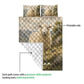 Sheep quilt close-up showing the printed front, white quilted backing, and mountain landscape artwork