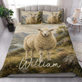 Sheep quilt bedding set styled in a bright bedroom with a large pastoral sheep and mountain scenery