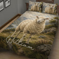 Sheep quilt blanket displayed on a bed with large sheep artwork, rocky hills, trees, and pastoral landscape