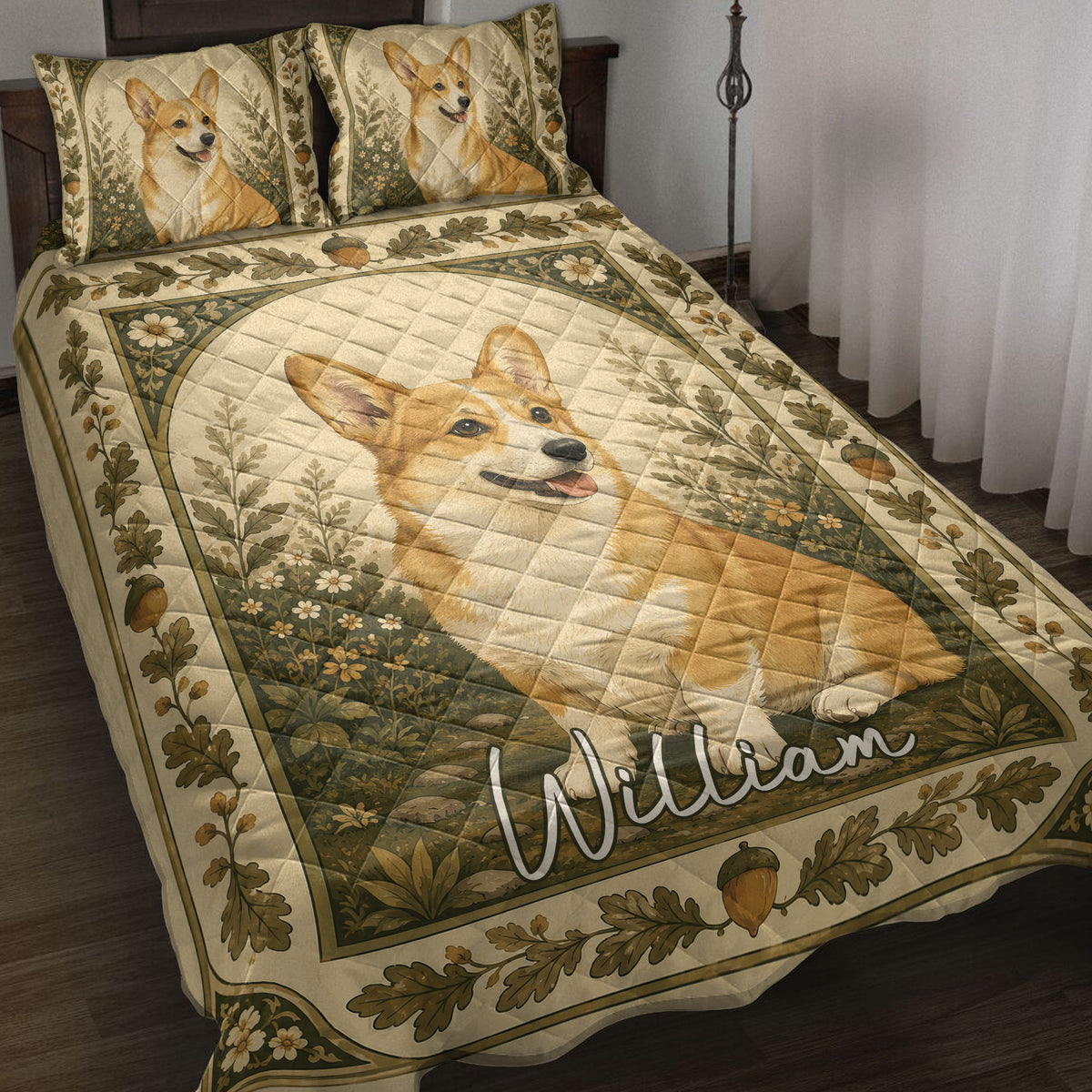 Corgi quilt blanket displayed on a bed with woodland leaves, flowers, acorns, and matching pillow artwork
