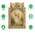Corgi quilt bedding set shown with woodland artwork and surrounding care and quality feature icons
