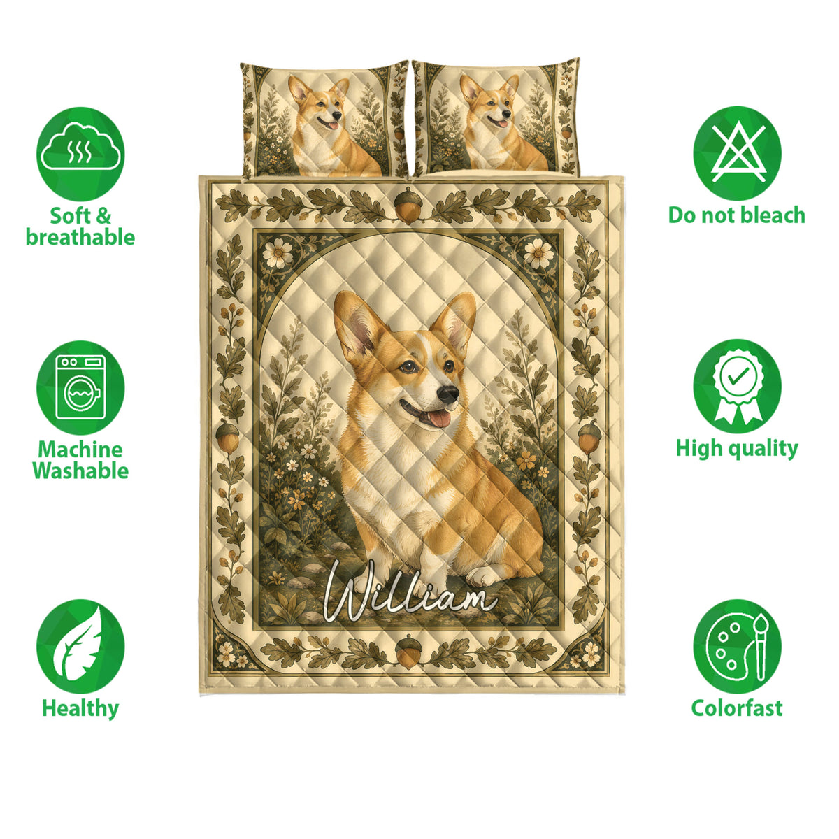 Corgi quilt bedding set shown with woodland artwork and surrounding care and quality feature icons