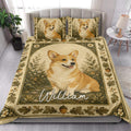Corgi quilt bedding styled in a bright bedroom with a large illustrated corgi and botanical border