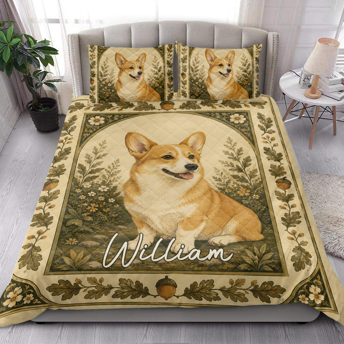 Corgi quilt bedding styled in a bright bedroom with a large illustrated corgi and botanical border