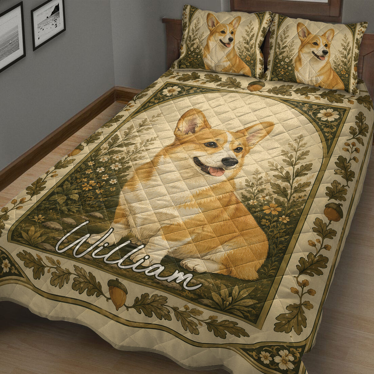 Corgi quilt blanket spread across a bed with vintage woodland foliage and floral artwork