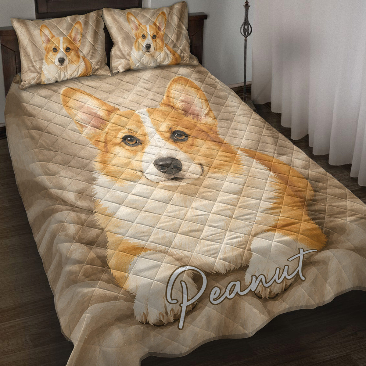 Corgi quilt blanket displayed on a bed with matching corgi pillow artwork