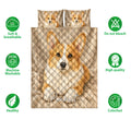 Corgi quilt bedding design shown with soft breathable and colorfast feature icons