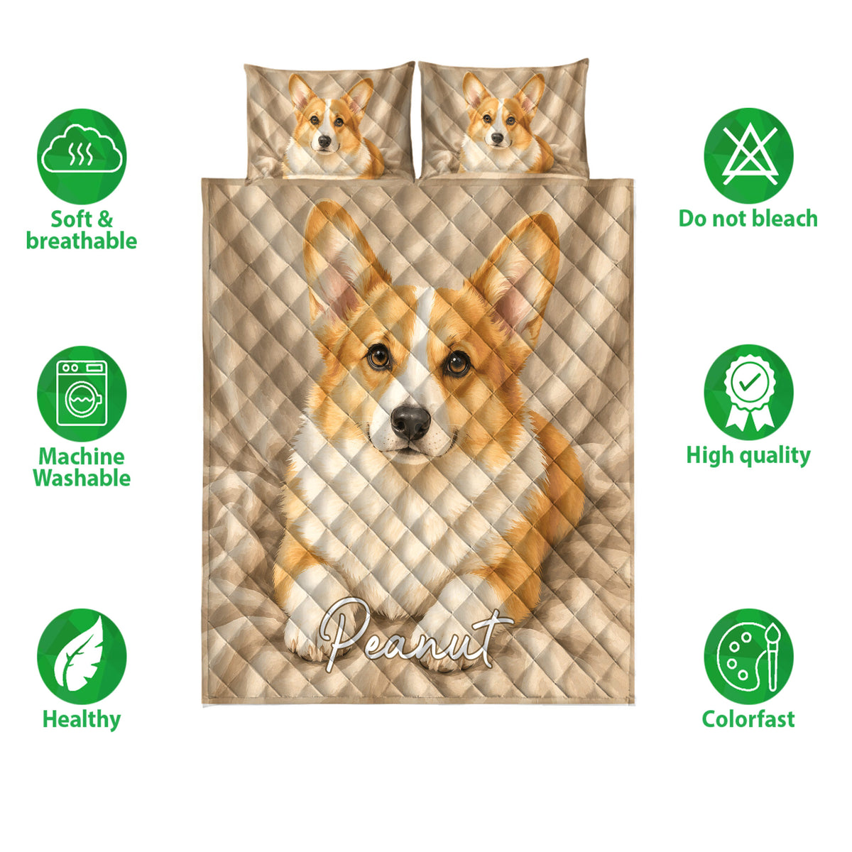 Corgi quilt bedding design shown with soft breathable and colorfast feature icons