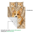 Corgi quilt showing the printed front and white quilted polyester backing