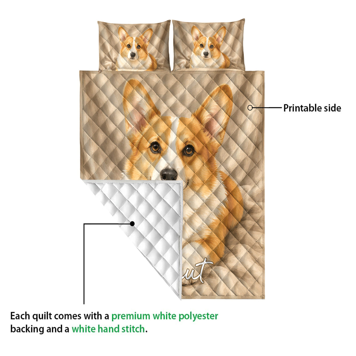 Corgi quilt showing the printed front and white quilted polyester backing
