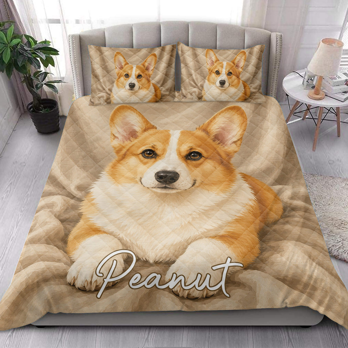 Corgi quilt blanket styled on a modern bed in a bright bedroom