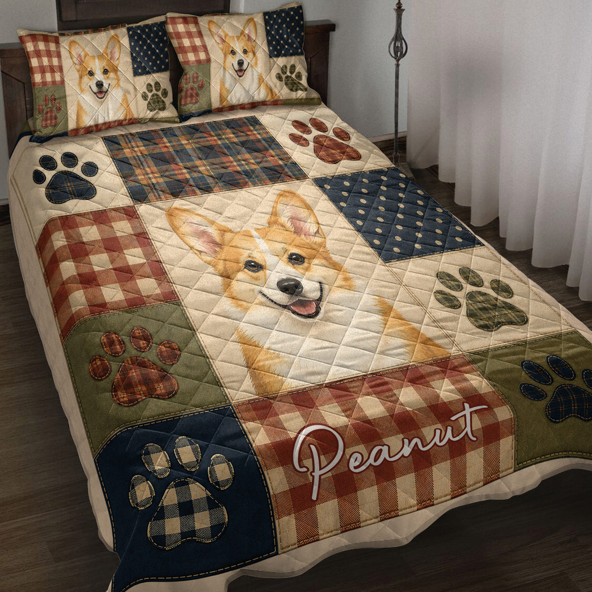 Corgi quilt blanket displayed on a bed with plaid patchwork, paw prints, and warm rustic colors