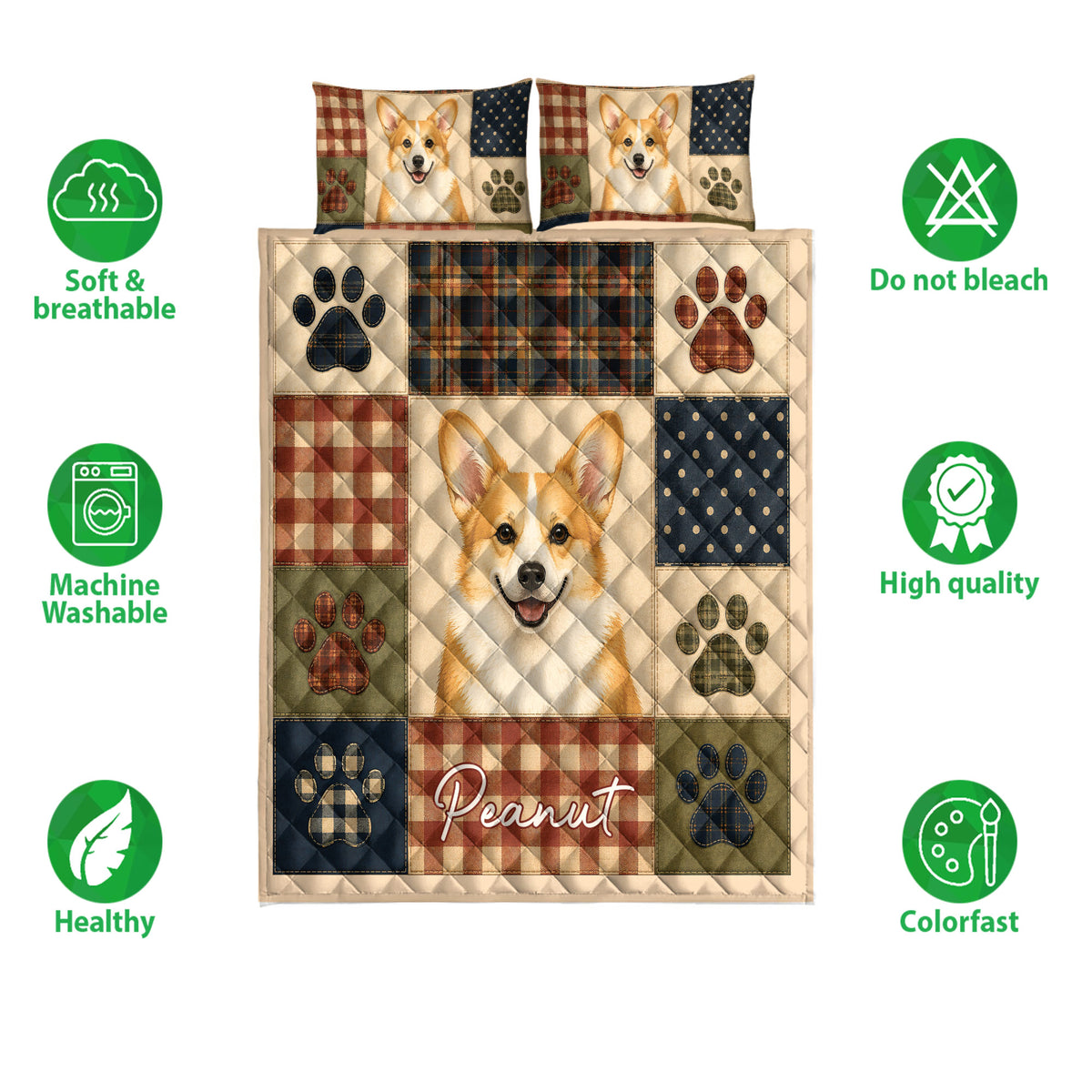 Corgi quilt bedding set shown flat with plaid paw-print panels and soft breathable care icons