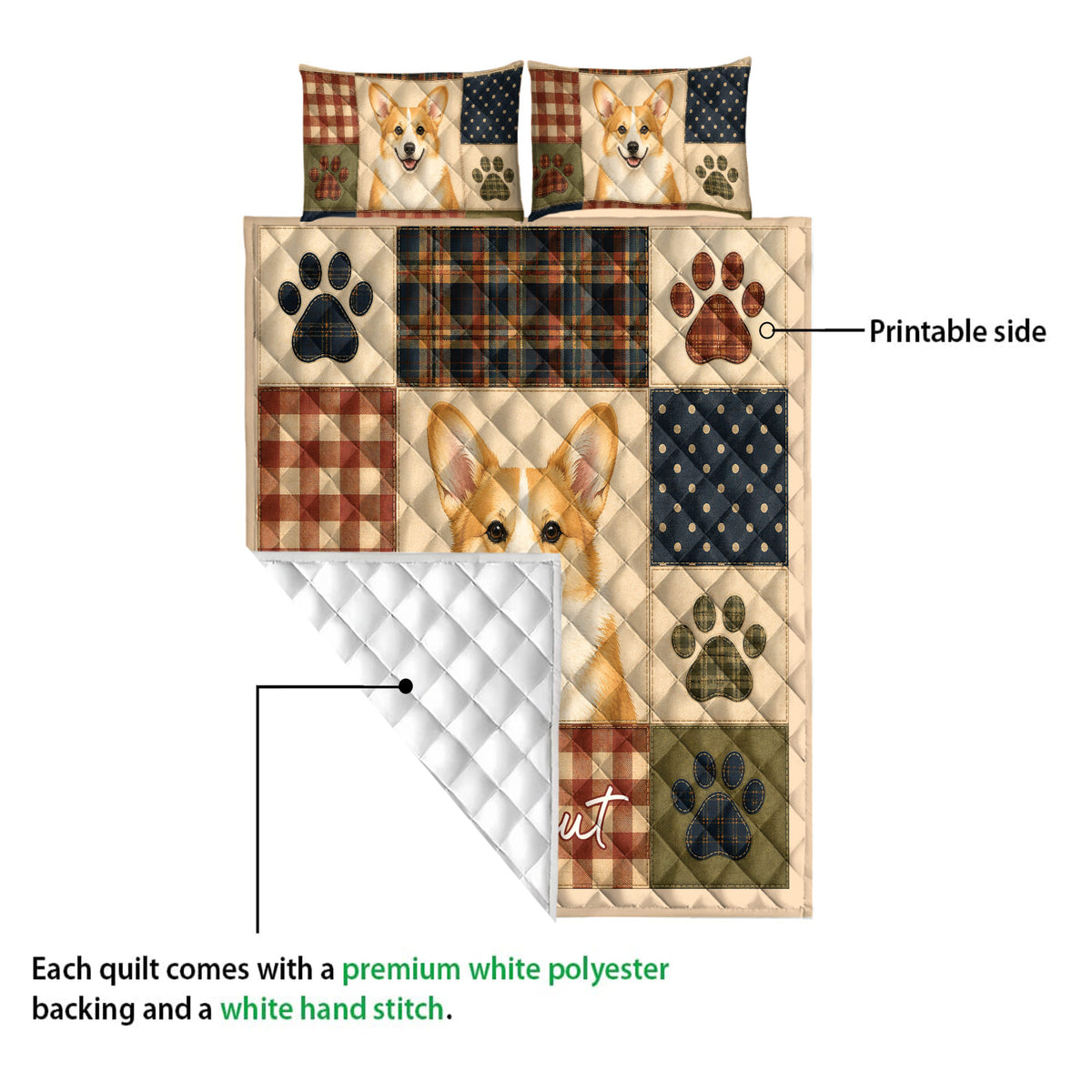 Corgi quilt showing the printed front, white quilted backing, plaid panels, and paw-print artwork