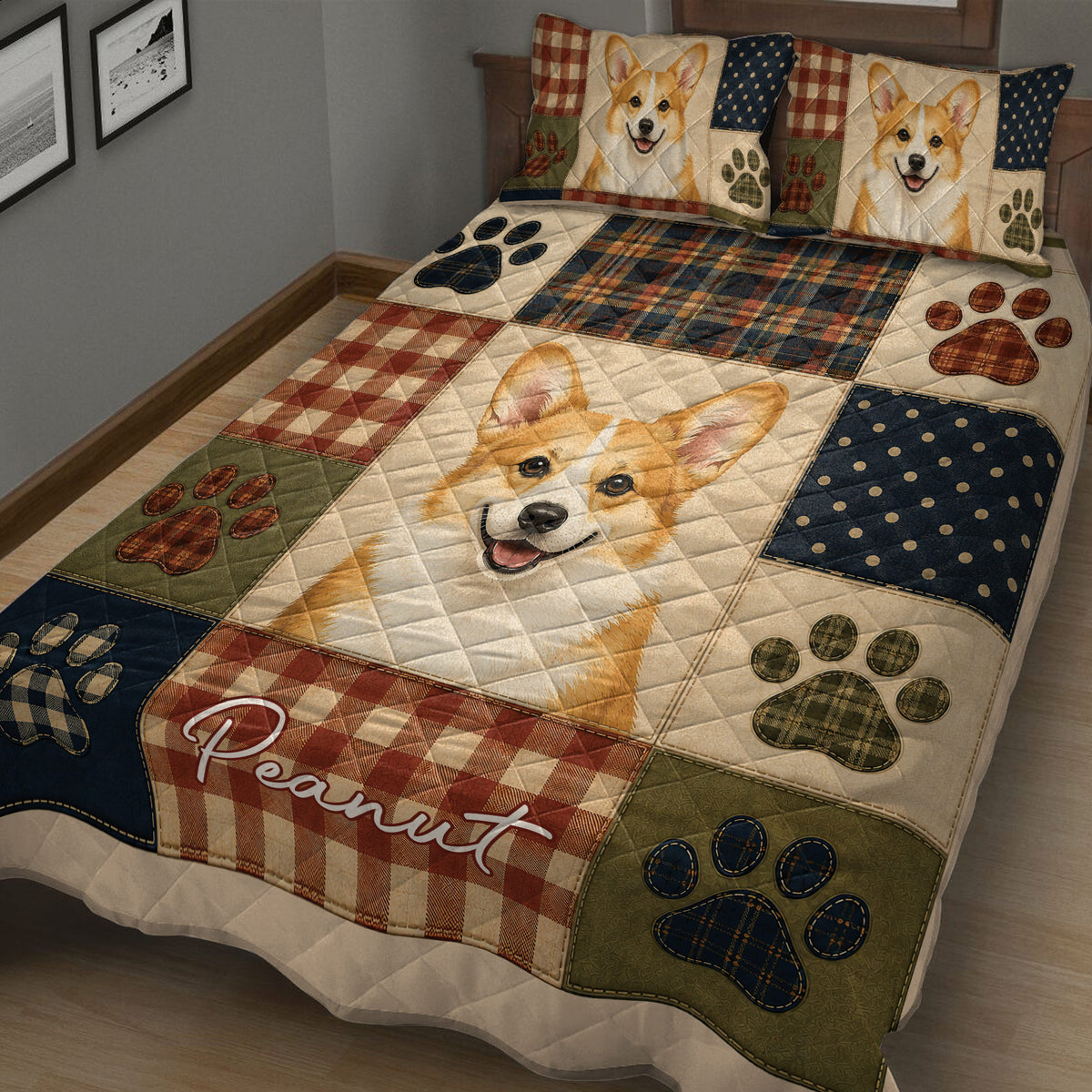 Close view of Corgi quilt bedding with a smiling Corgi portrait, plaid blocks, and colorful paw prints