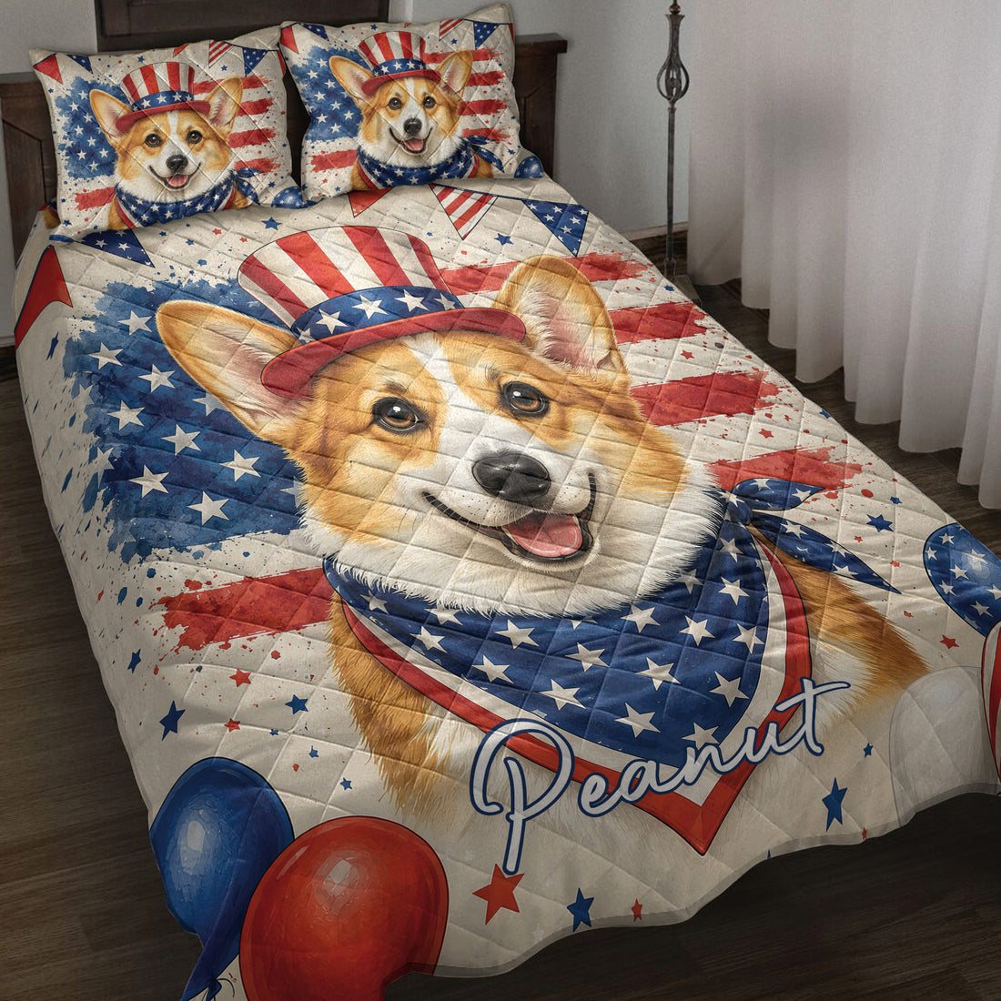 Corgi quilt blanket displayed on a bed with patriotic stars, stripes, balloons, and red, white, and blue artwork