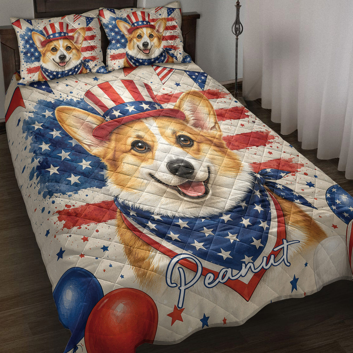 Corgi quilt blanket displayed on a bed with patriotic stars, stripes, balloons, and red, white, and blue artwork