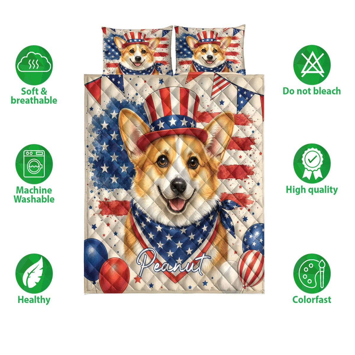 Patriotic corgi quilt bedding set shown with feature icons and a matching red, white, and blue dog design