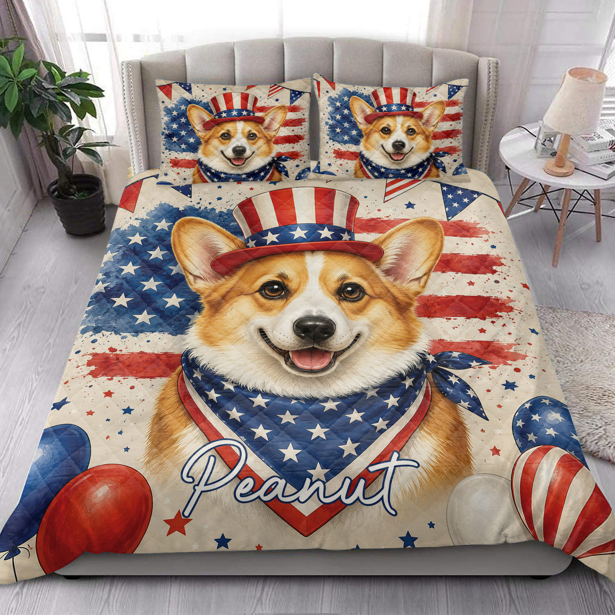 Patriotic corgi quilt bedding styled in a bright bedroom with large smiling dog artwork