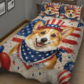 Close view of a corgi quilt blanket featuring a star-spangled scarf, top hat, and American flag colors