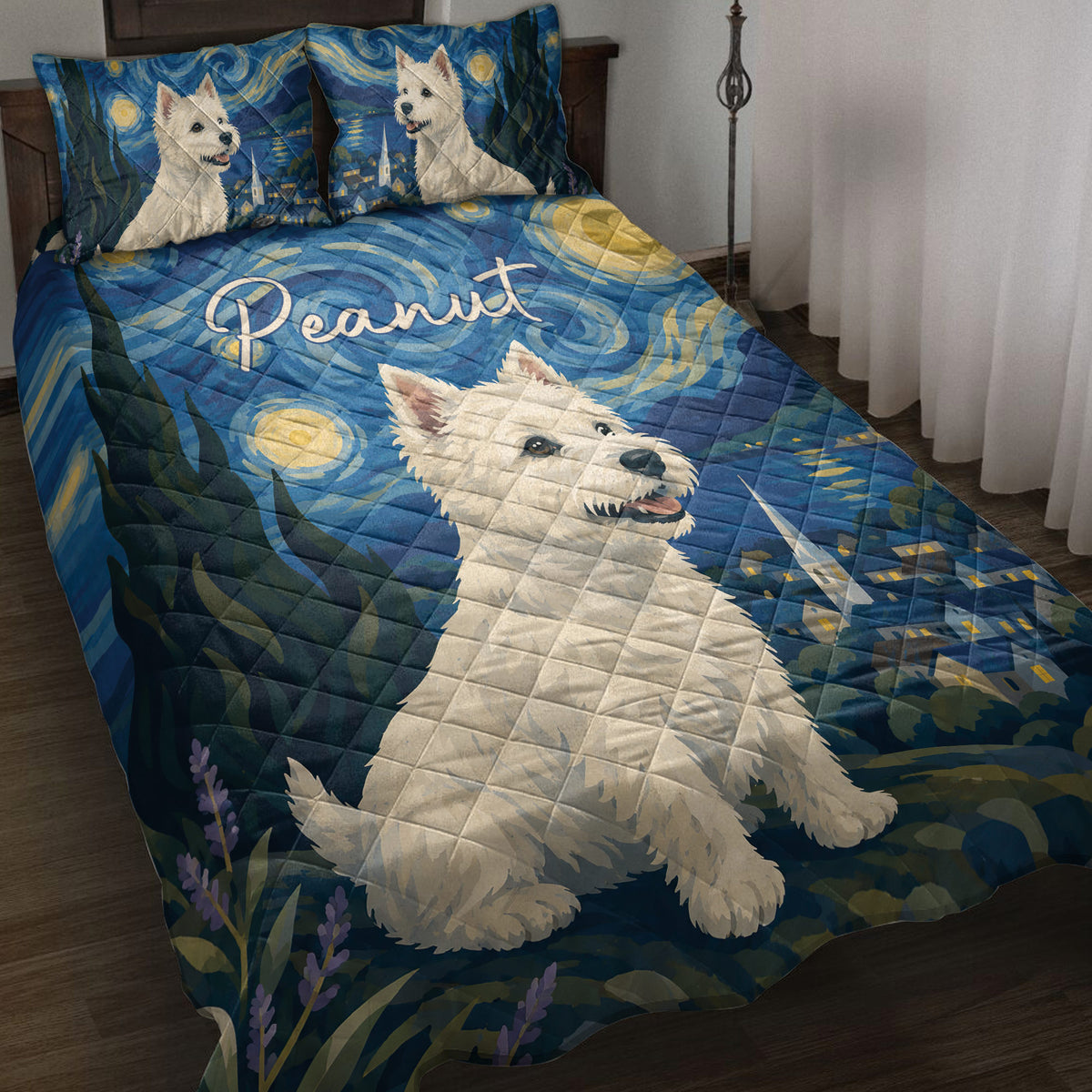 Westie quilt blanket displayed on a bed with blue night scenery, village artwork, moonlight and white terrier portraits