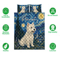 Westie quilt bedding set shown with white terrier artwork, blue scenic design and product feature icons
