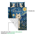 Westie quilt blanket showing the printed front and a white quilted backing in a construction detail view