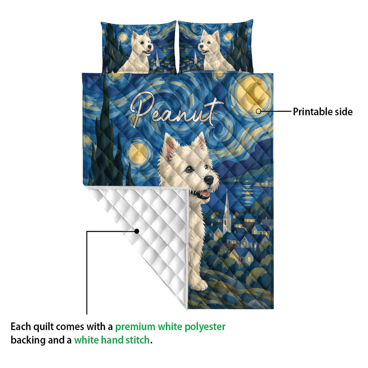 Westie quilt blanket showing the printed front and a white quilted backing in a construction detail view