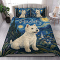 Westie quilt bedding set styled on a bright bedroom bed with blue landscape artwork and a cheerful white terrier