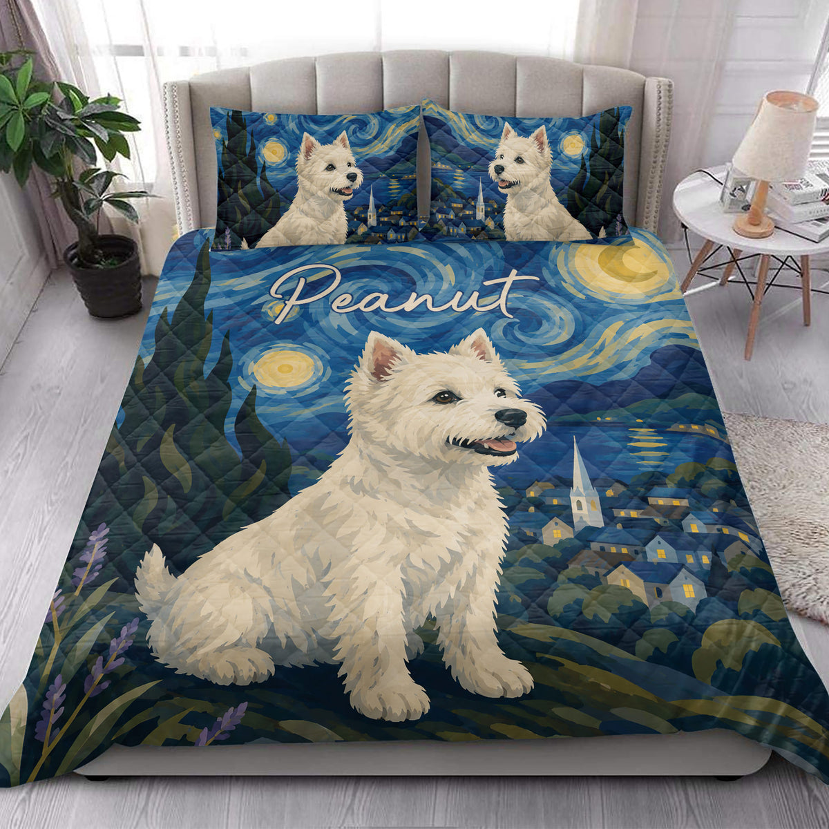 Westie quilt bedding set styled on a bright bedroom bed with blue landscape artwork and a cheerful white terrier