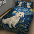 Westie quilt blanket shown on a bed with large white terrier artwork, blue swirls, moonlight and village scenery
