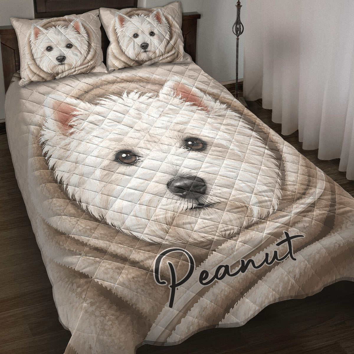 Westie quilt blanket bedding set displayed on a bed with matching dog artwork