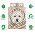 Westie quilt bedding set with white terrier artwork and product feature icons