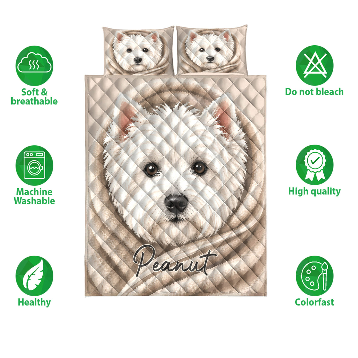 Westie quilt bedding set with white terrier artwork and product feature icons