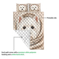 Westie quilt blanket showing the printed dog artwork and white quilt backing