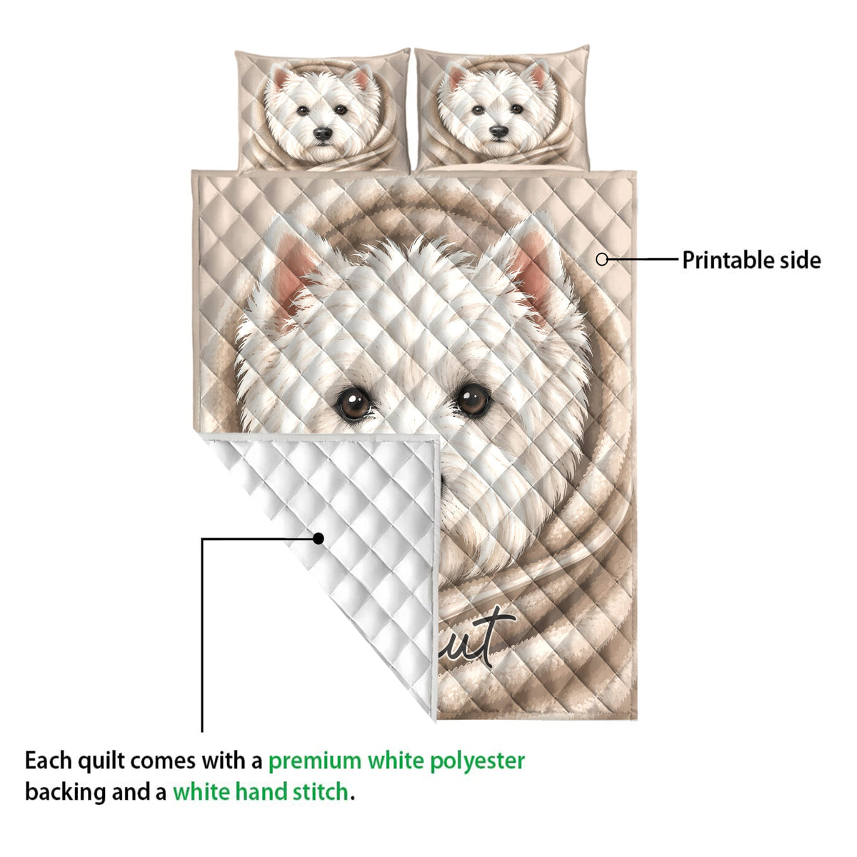 Westie quilt blanket showing the printed dog artwork and white quilt backing