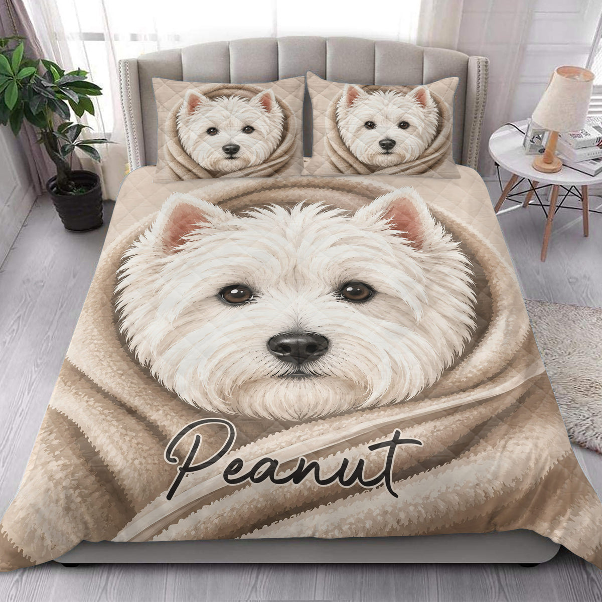Westie quilt bedding styled in a bright bedroom with a large terrier face design