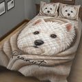 Close bedroom view of a Westie quilt blanket with white terrier artwork
