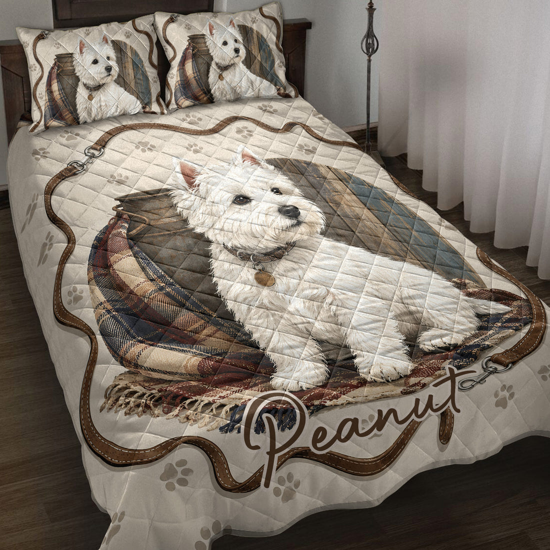 Westie quilt blanket displayed on a bed with paw prints, plaid accents, and a large white terrier design